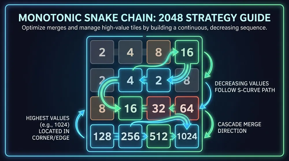 The Monotonic Snake Chain layout in 2048: S-curve descending cascade from row...