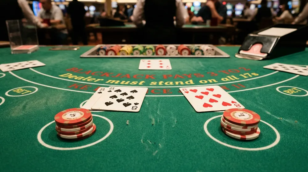 Pair of eights split into two independent hands on a green felt blackjack table
