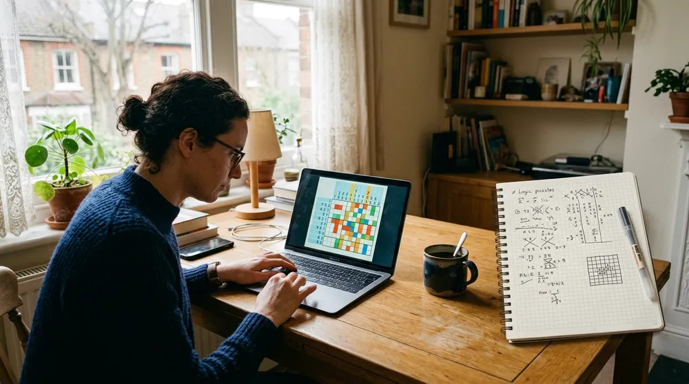 Person studying logic puzzle configurations on a laptop beside a notebook
