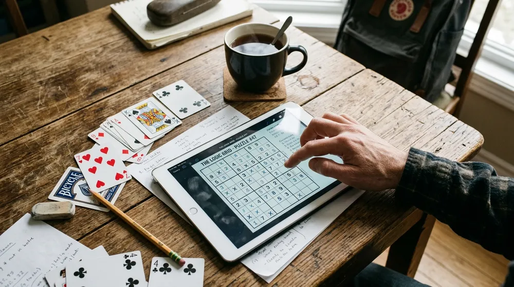 Hand interacting with a tablet displaying a logic puzzle grid on a wooden table