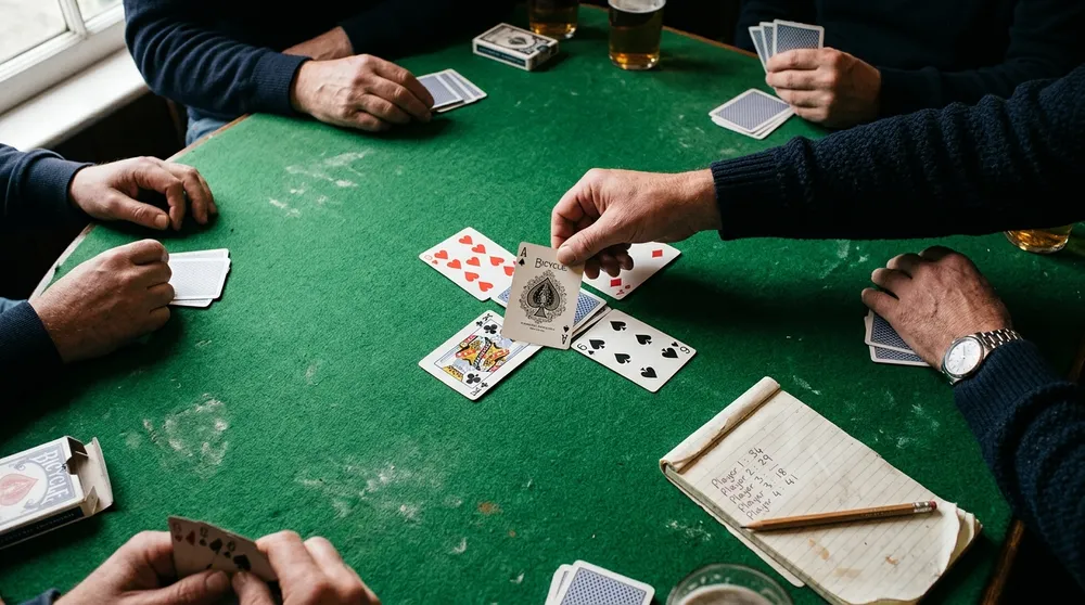 Hand playing the Ace of Spades into a trick on a green card table