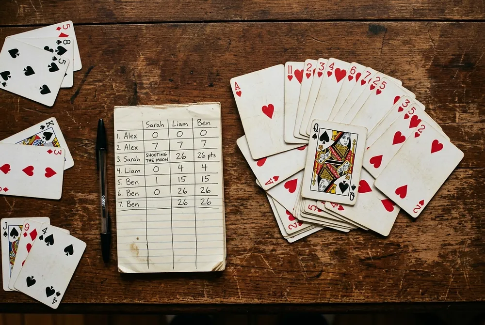 Tabletop display showing thirteen heart cards and the Queen of Spades alongsi...