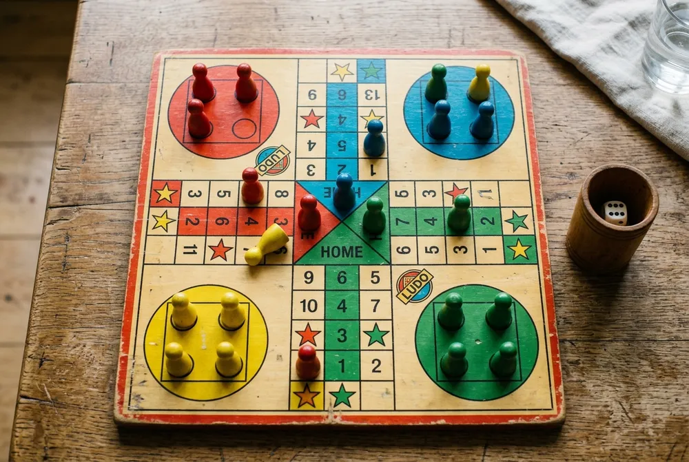 Top-down view of a colorful wooden Ludo board with pawns advancing along the...