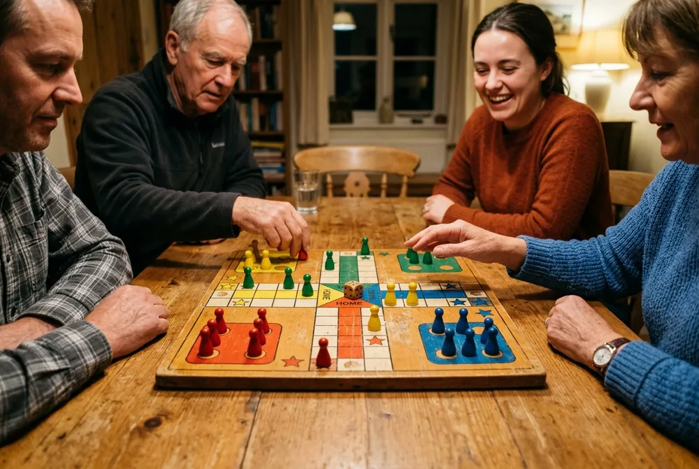 Four players seated around a wooden dining table playing a game of Ludo