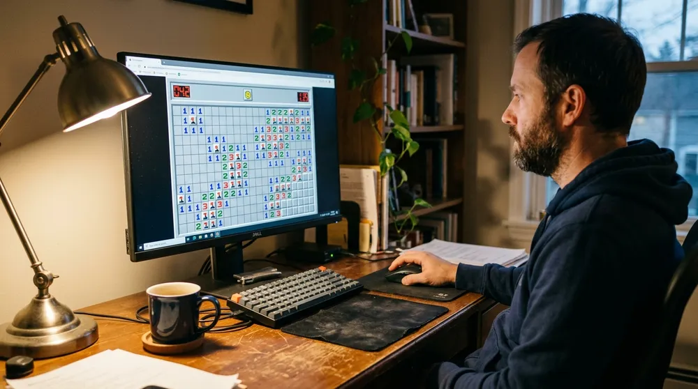 Jugador analizando un tablero de Buscaminas en un monitor de ordenador en una...
