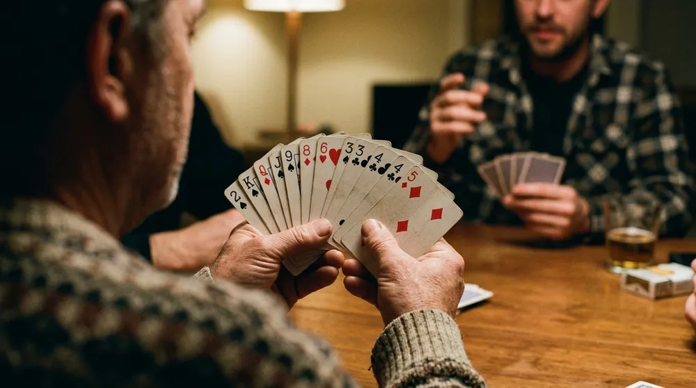 A card player holding a low hand of thirteen cards while calculating a Nil bid