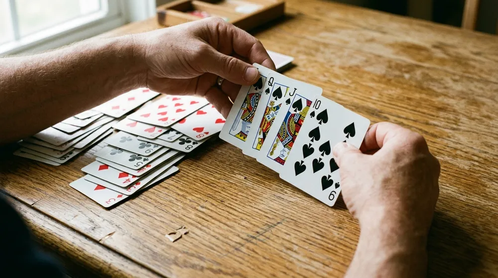 Manos transfiriendo una secuencia descendente de cartas hacia una columna abi...