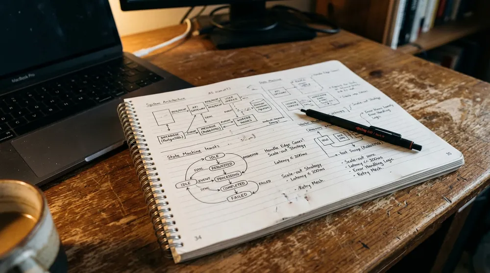 Engineering notes and system architecture diagrams sketched in a spiral noteb...