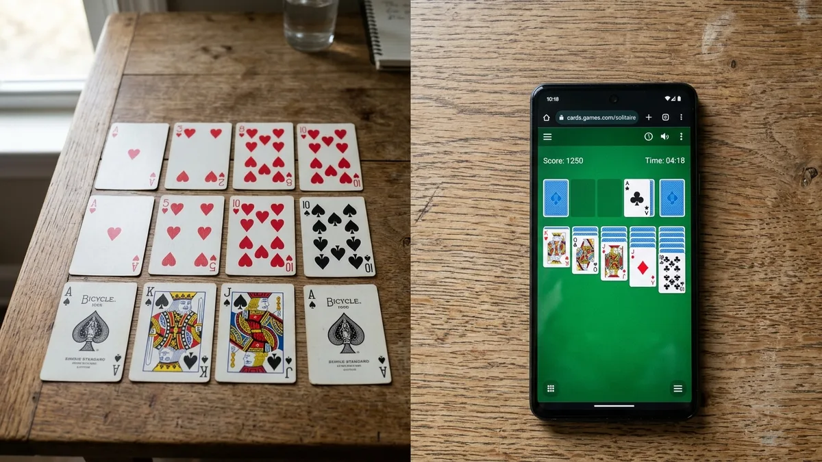 A physical spread of playing cards on a tabletop next to a smartphone running...